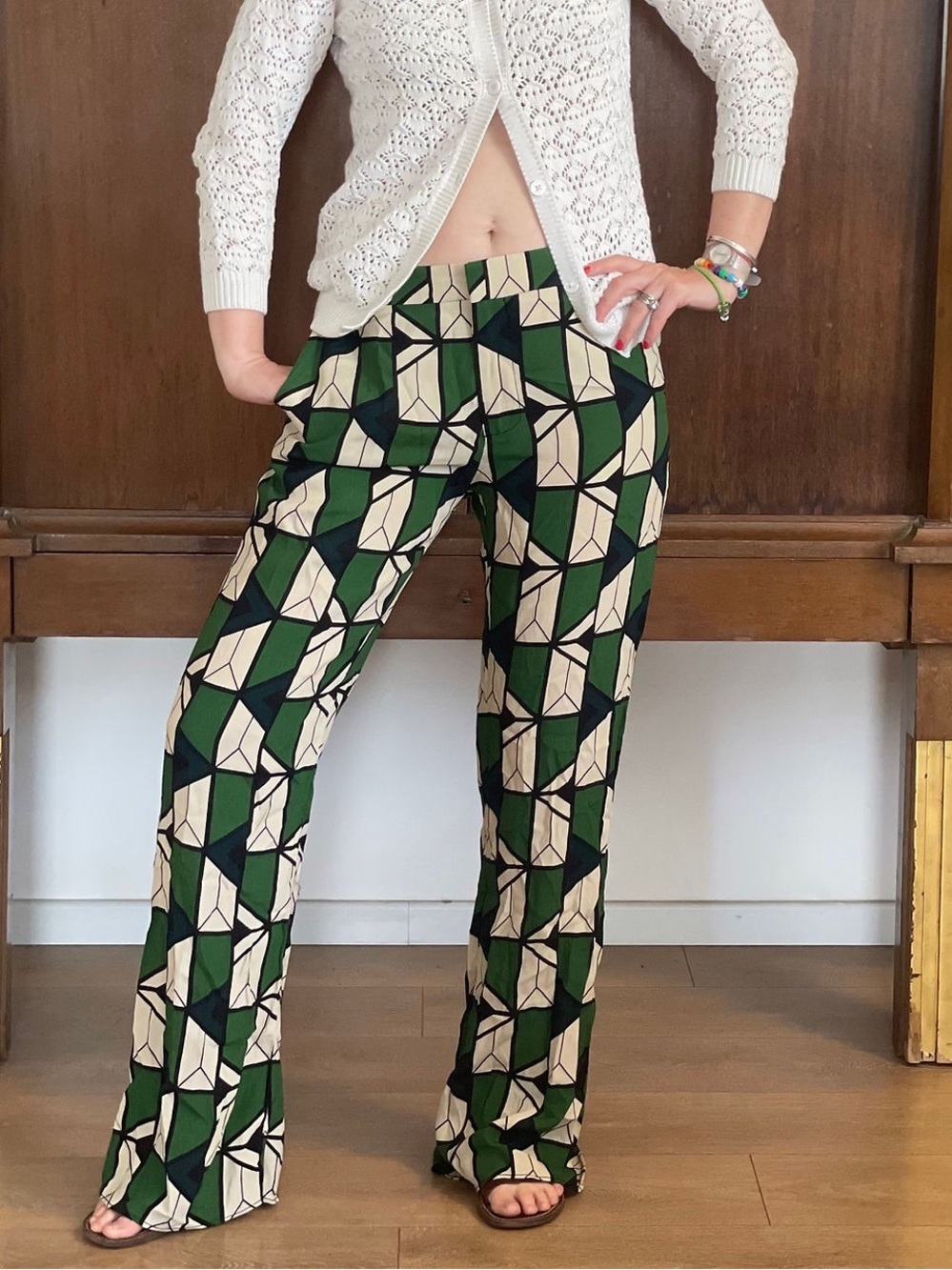 Zara Geometric Wide-Leg Pants in Green and Cream